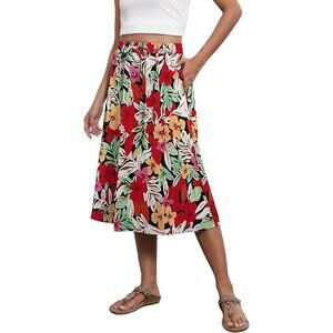 Flowy Skirt Midi Length Elastic High Waist A-Line Skirt with Pockets X-Large